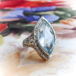 Art Deco Aquamarine Ring Circa 1930's Vintage 3.30ct Marquise Birthstone Cocktail Wedding Filigree Ring 18k White Gold