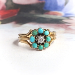 Antique Victorian Turquoise and Diamond Flower Ring 14K