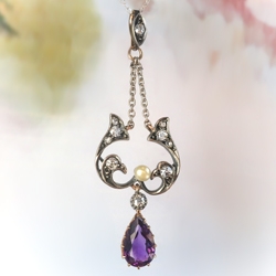 Antique Victorian Pear Amethyst, Seed Pearl And Old Diamond Pendant 14K and Silver