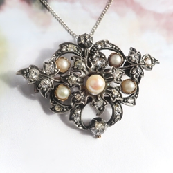 Antique Diamond Natural Pearl Brooch Pendant Art Nouveau 1900's 1.23ct t.w. Old European Cut Pendant Watch Holder Pin Silver 14k Yellow Gold