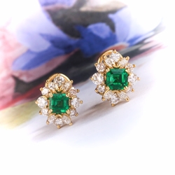 Vintage Tiffany & Co Emerald Diamond Earrings Estate 2.08ct t.w. Emerald Asscher Marquise Cut Diamond Studs Omega Backs 18k Yellow Gold