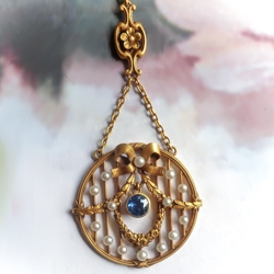 Antique Sapphire Pearl Necklace Krementz 1900's Natural Blue Sapphire Seed Pearl Tudor Garland Bow Pendant Wedding Necklace 14k Yellow Gold