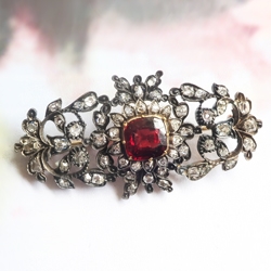 Antique Victorian Garnet and Old Mine Cut Diamond Brooch Silver Over 18K