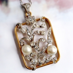Retro 1940's Pearl  and Old European Cut Diamond Pendant 14K and Platinum on 30 in. Chain