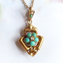 Antique Turquoise Diamond Pearl Locket Victorian 1870's Old Mine Cut Diamond Floral Motif Pendant Necklace Mourning Jewelry 18k Yellow Gold