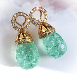 Estate 40.69ct t.w. Carved Emerald Diamond Pineapple Statement Earrings 18K 14k Yellow Gold