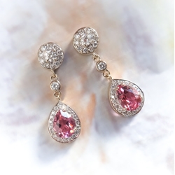 Estate Pink Pear Shape Tourmaline and Diamond Drop Earrings 18K White Gold