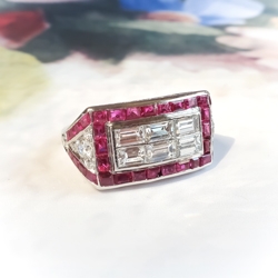 Art Deco 3ct t.w. Baguette Diamond & Natural French Cut Ruby Cocktail Statement Ring Platinum
