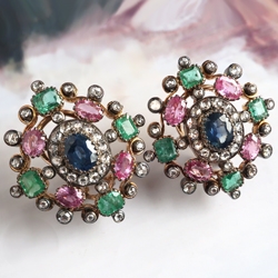 Antique Sapphire Emerald and Diamond Earrings Silver 18K