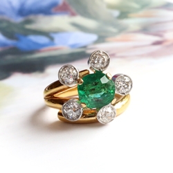 Vintage Emerald Diamond Bypass Statement Ring 18K Platinum