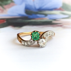 Antique Edwardian Emerald and Diamond Toi et Moi Crossover Ring 18k Platinum