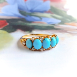 Antique Victorian Five Stone Turquoise Band With Diamonds 20k