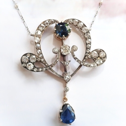 Antique Art Nouveau 6.73ct.tw. Sapphire and Diamond Statement Necklace Silver 18k with Seed Pearl Platinum Chain