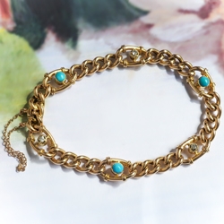 Vintage Turquoise Diamond Link Bracelet 15ct Yellow Gold Fits 7 Inch Wrist