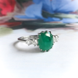 Vintage MidCentury 2.44ct.tw. Cushion Cut Emerald and Diamond Ring 18K White Gold