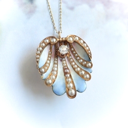 Antique Art Nouveau .24ct. Old European Cut Diamond Seed Pearl And Enamel Pendant Pin