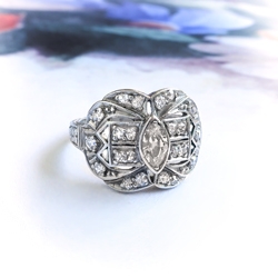  Vintage Art Deco .44ct t.w. Old Cut Marquise Diamond Engagement Ring Platinum