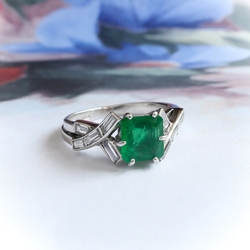Midcentury 1.25ct.tw. Square Cut Emerald and Diamond Ring Platinum