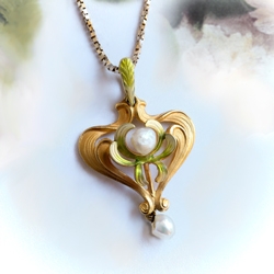 Antique Krementz Art Nouveau Pearl and Enamel Heart Pendant and Chain 14K 