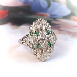 Art Deco .88ct. tw. Diamond and Emerald Navette Ring Platinum