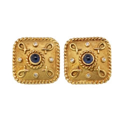 Lovely Estate Etruscan Cabochon Sapphire & Diamond Earrings 18k