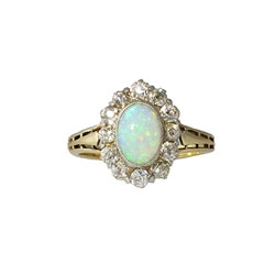 Pretty Victorian Opal & Old Mine Cut Diamond Ring 18k