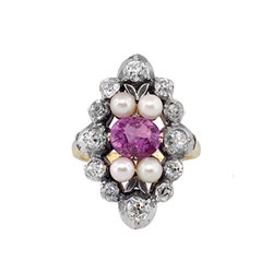 Exquisite Edwardian Sapphire, Pearl & Old Mine Cut Diamond Cocktail Ring 14k