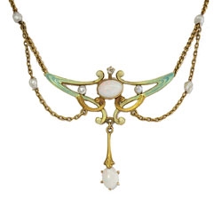 Art Nouveau Enamel, Pearl, Diamond & Opal Festoon Necklace 14k