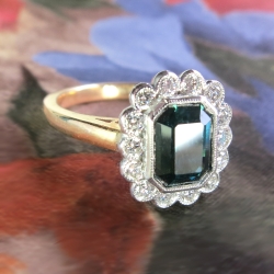 Gorgeous Deep Blue Green Tourmaline & Diamond Halo Ring 14k