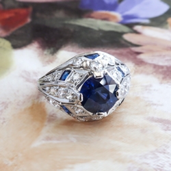 Art Deco Vintage 1930's Round Sapphire Diamond and Lab Sapphire Engagement Anniversary Cocktail Platinum Ring