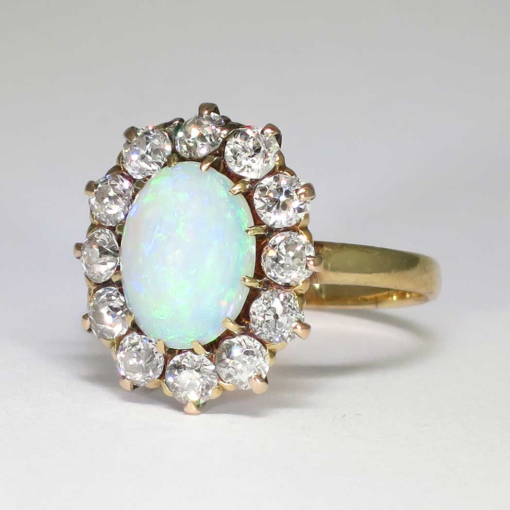 Perfect 1890's 2.5ctw Opal & Old European Cut Diamond Halo Ring 18k ...