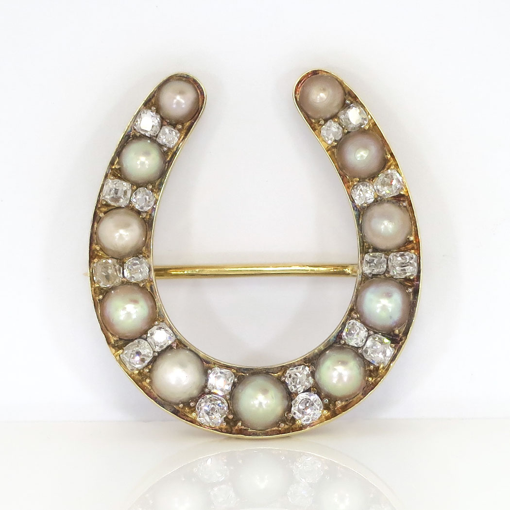 Antique Diamond Horseshoe Pin Circa 1880's Victorian Old Mine Cut Diamond Pearl Lucky Pin