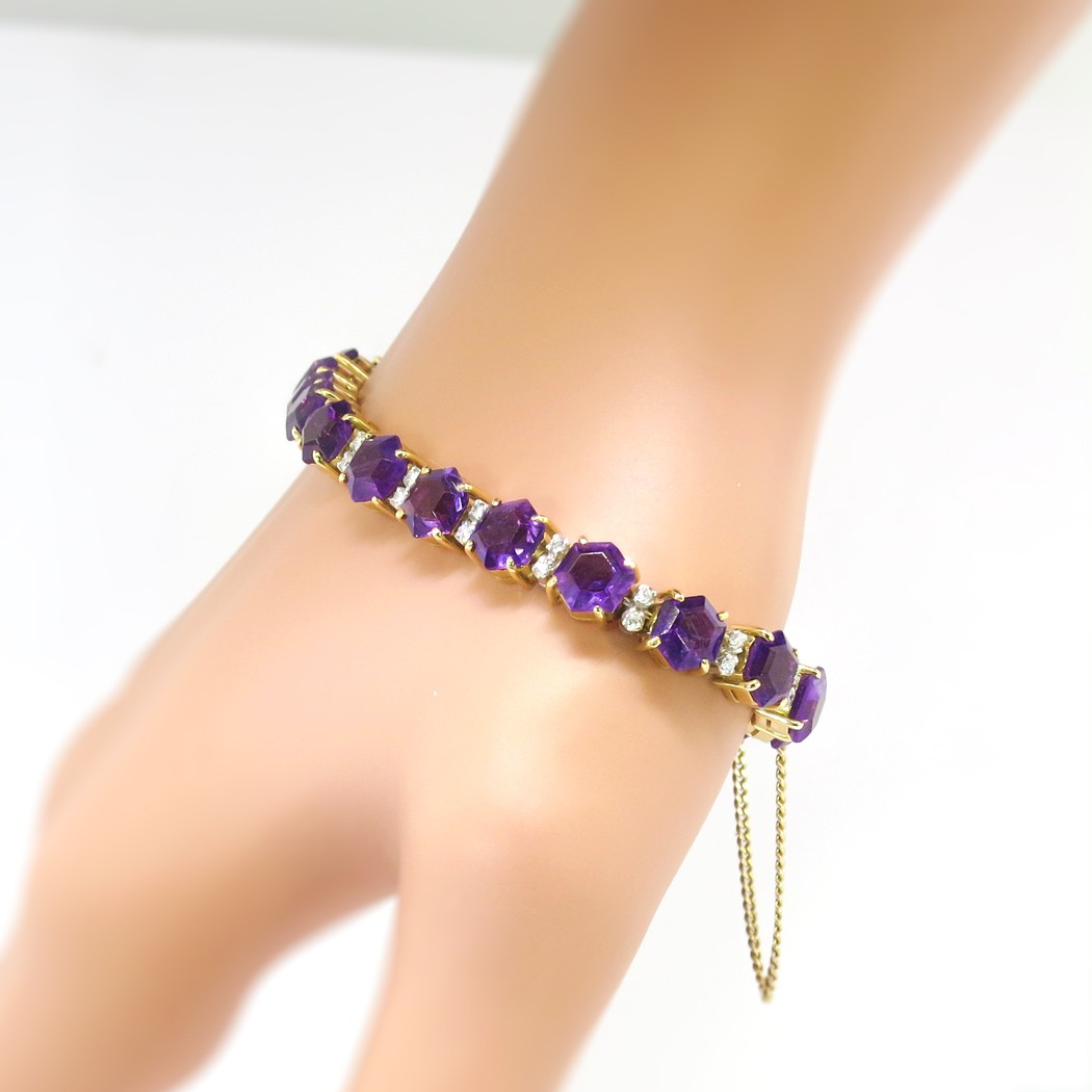 Bracelet Tennis Vintage En Améthyste Pourpre - Plaqué Or - Fermoir Boîte - Taille 17.8cm