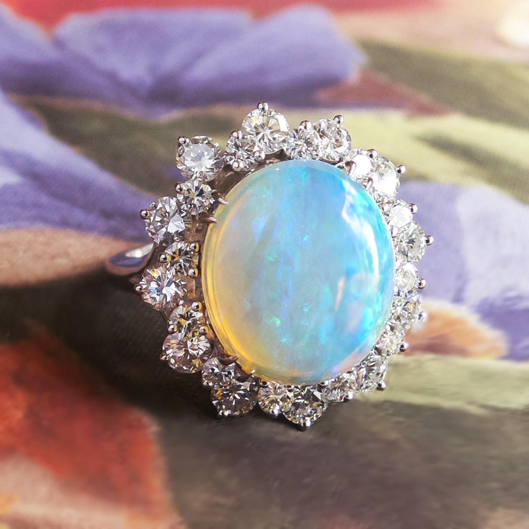Vintage Estate 1980's 6.62ct t.w. Solid Opal & Diamond Halo Ring 14k ...