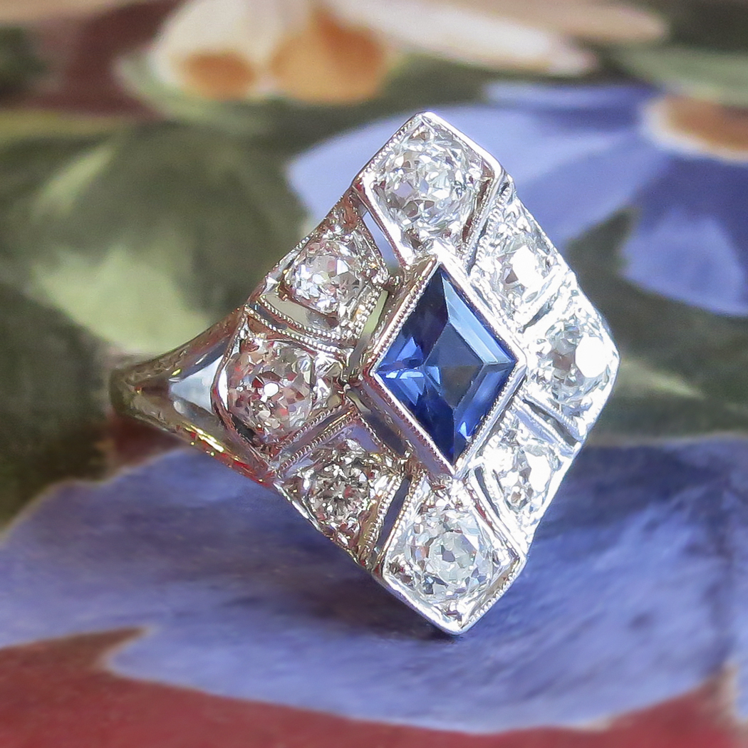 Estate 2.21ct t.w. Lab Sapphire & Old Mine Cut Diamond Art Deco Style Ring 14k Antique