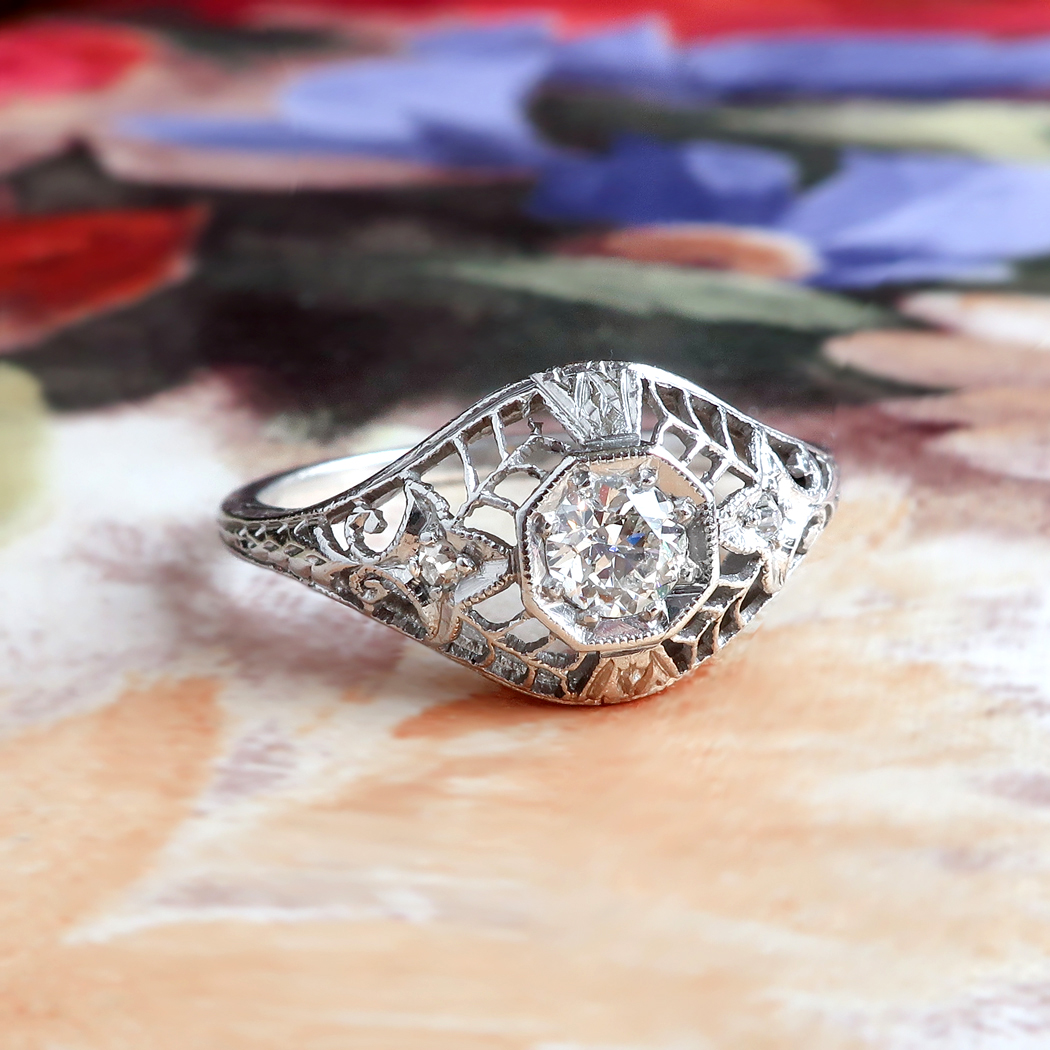 Art Deco Vintage 1930 s Old European Cut Diamond Engagement Wedding Platinum Filigree Ring Antique Vintage Estate Jewelry Jewelry Finds