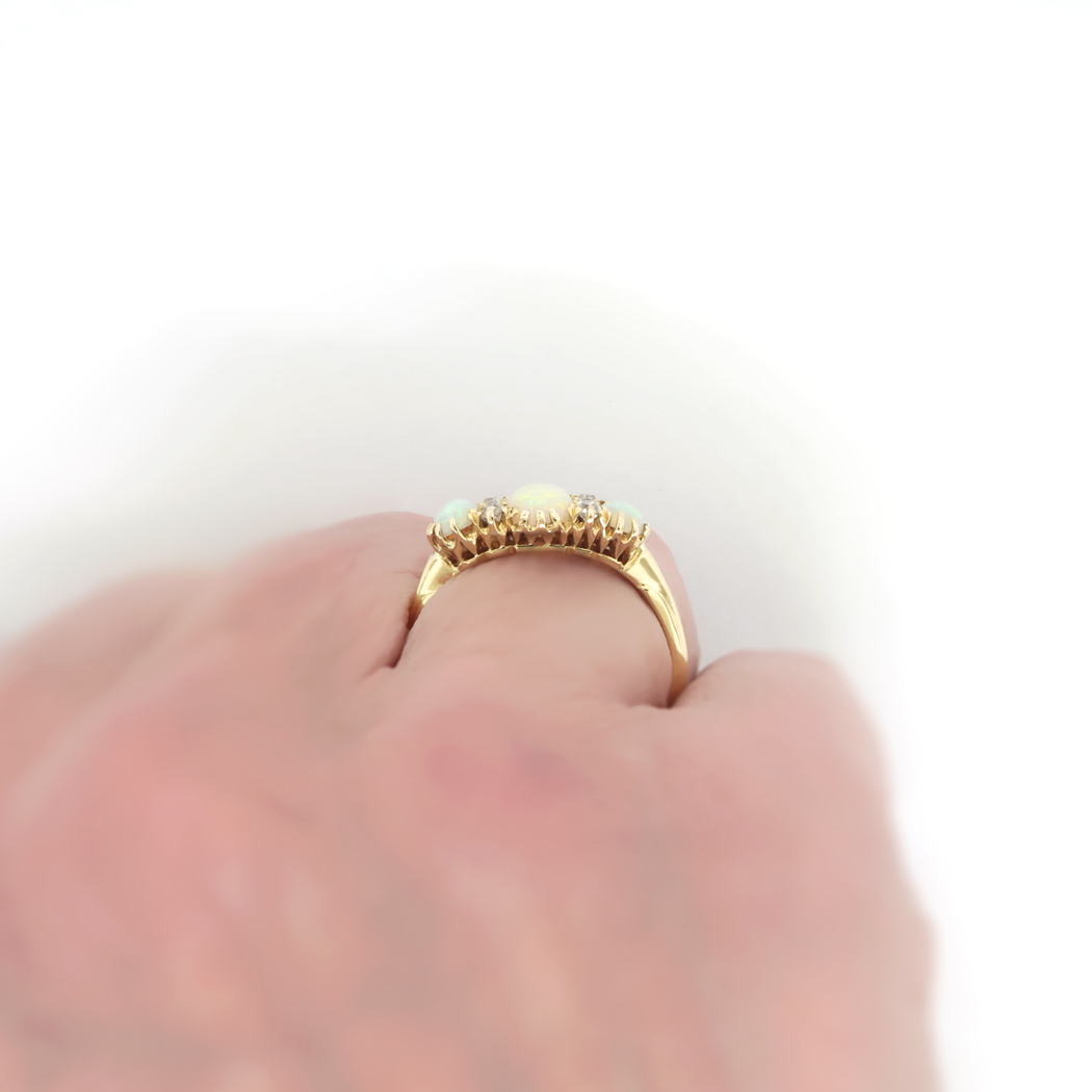 Antique Opal Diamond Ring Circa 1890's Victorian 3 Stone Opal Old Mine Cut Diamond Ring 18k 
