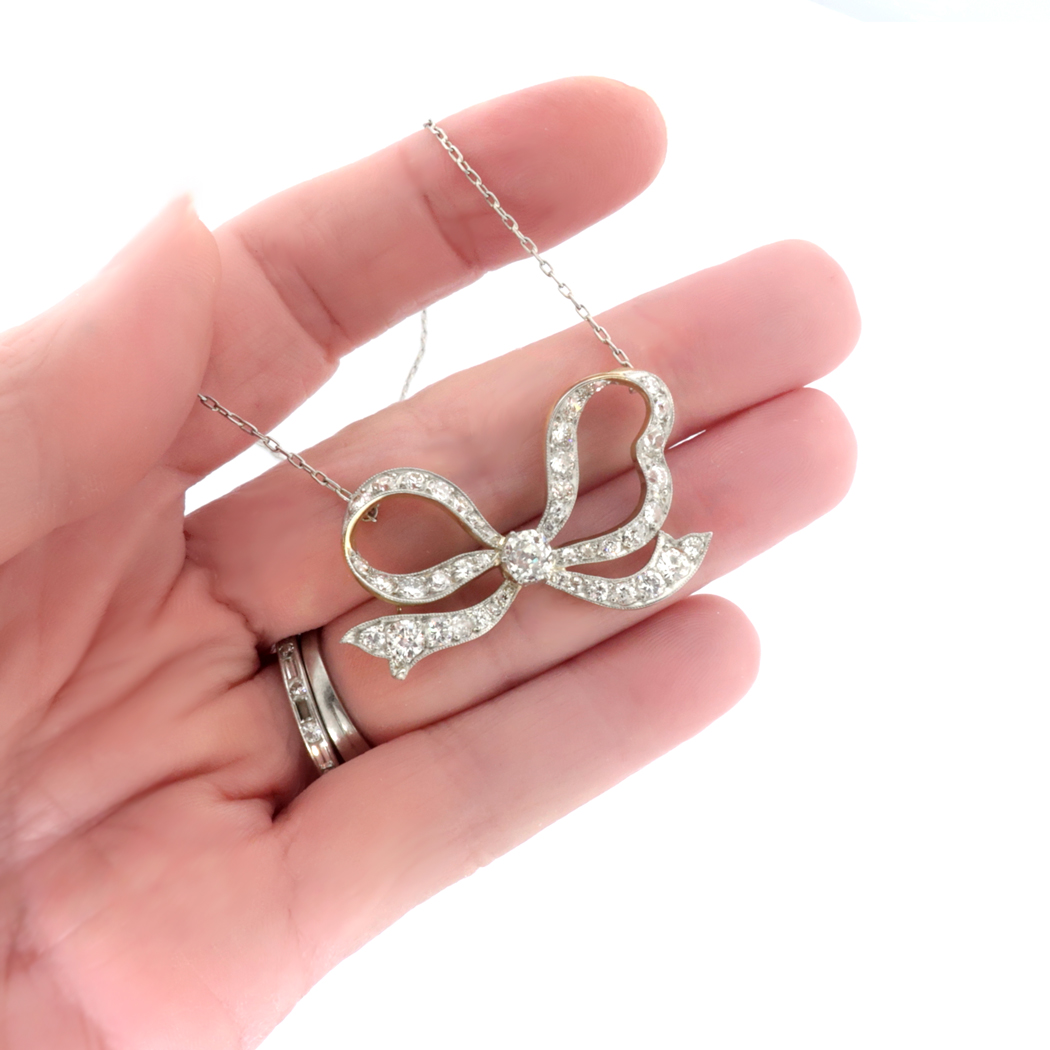 Large Antique 1900's 2.95ct t.w. Antique Cut Diamond Bow Necklace