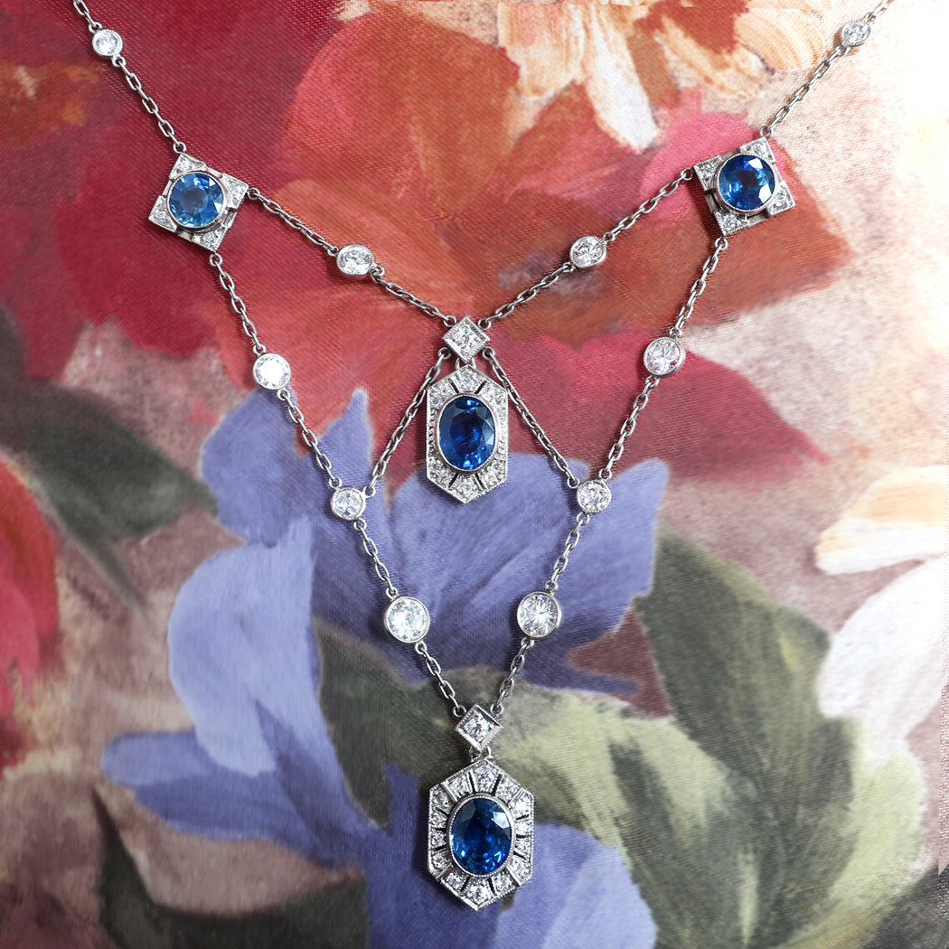 VINTAGE STYLE SAPPHIRE DIAMOND PENDANT HALO 18 INCH NECKLACE ROUND ART DECO  BLUE