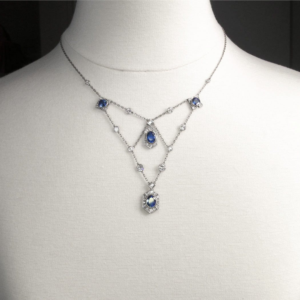 Vintage Sapphire Diamond Necklace 9.60ct t.w. Natural Blue Sapphire ...