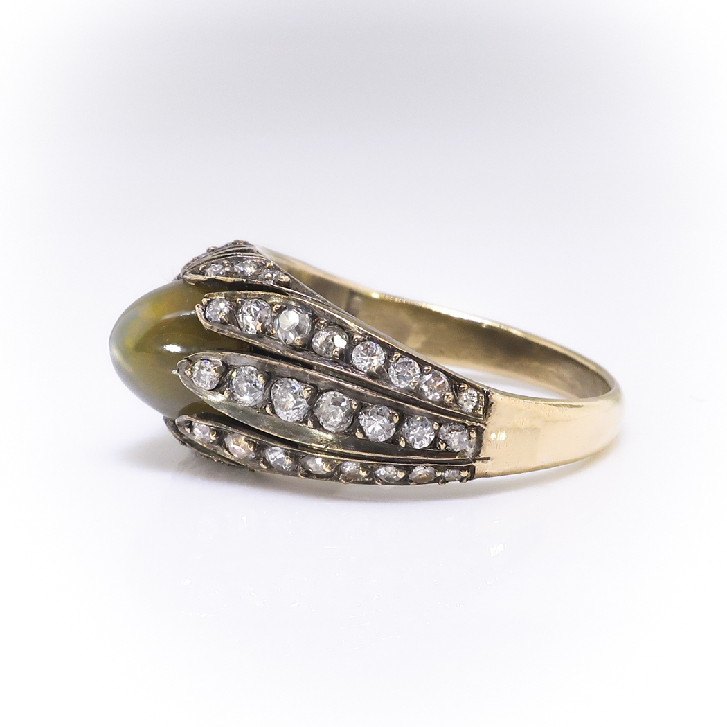 Antique Chrysoberyl Cats Eye Diamond Ring Vintage Tulip 3.10