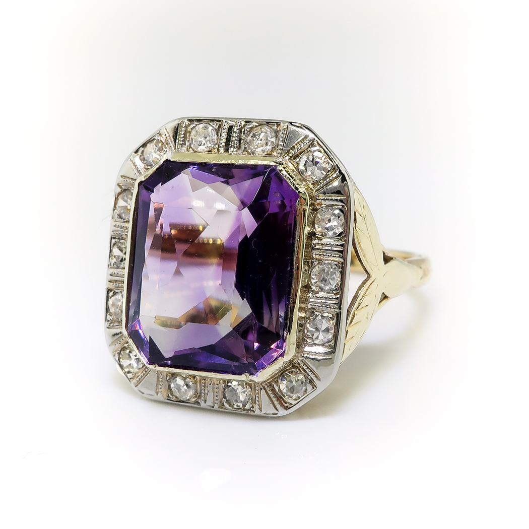 Art Deco 5.91 ctw. Amethyst and Diamond Halo Ring with Leaf Motif 14k ...