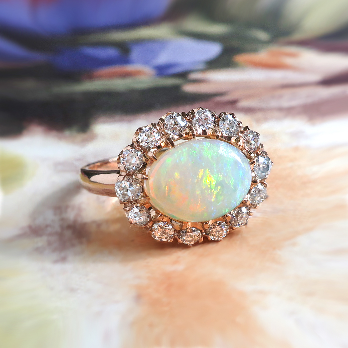 Antique Diamond Ring Victorian t.w. Australian Crystal Opal & Old European Cut Halo Engagement Birthstone Ring 18k Rose Gold | Antique Estate Jewelry | Jewelry