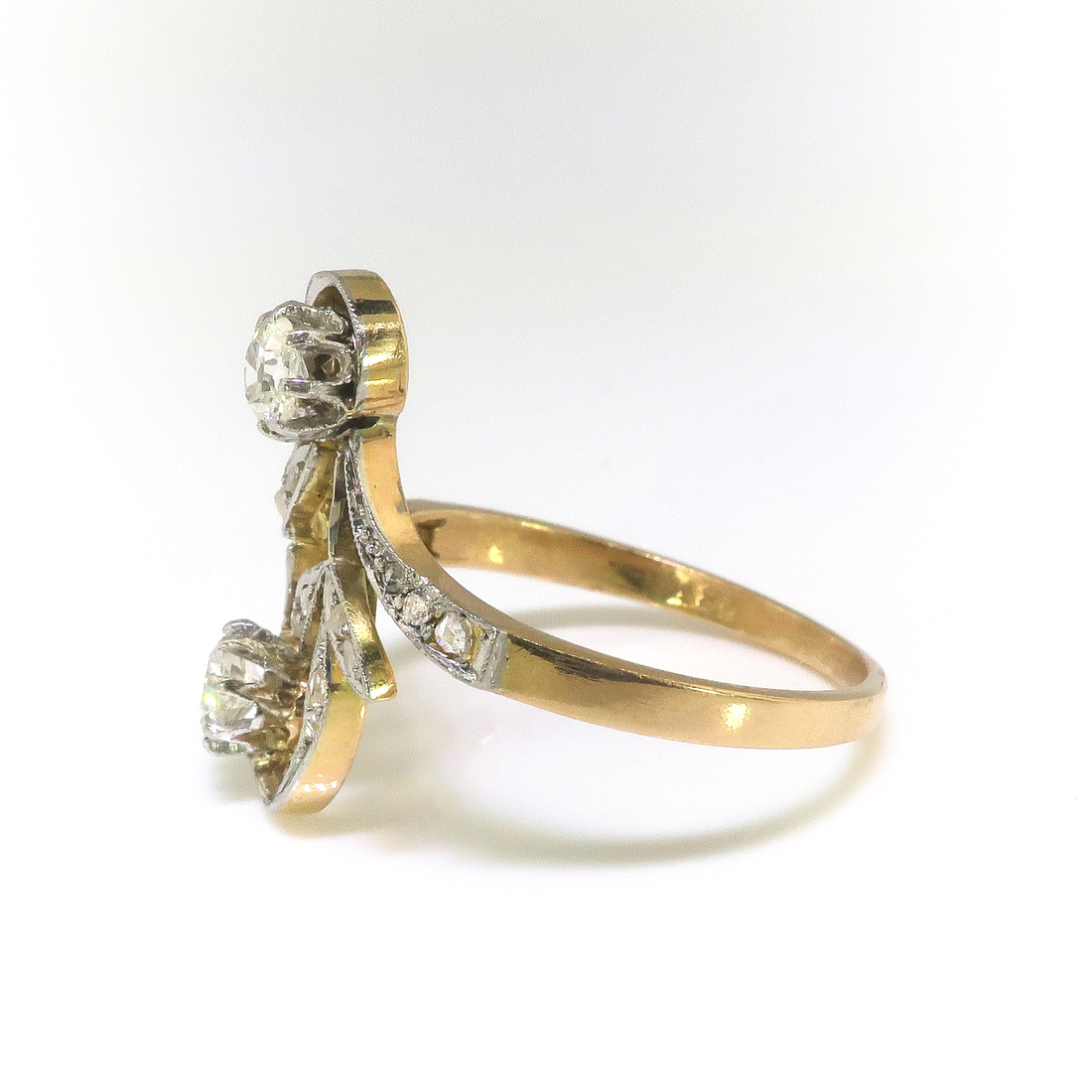Bague Ancienne 'Toi Et Moi' En Or 18k - Diamants Rose Cut, Taille 54, Style Engagement Vintage