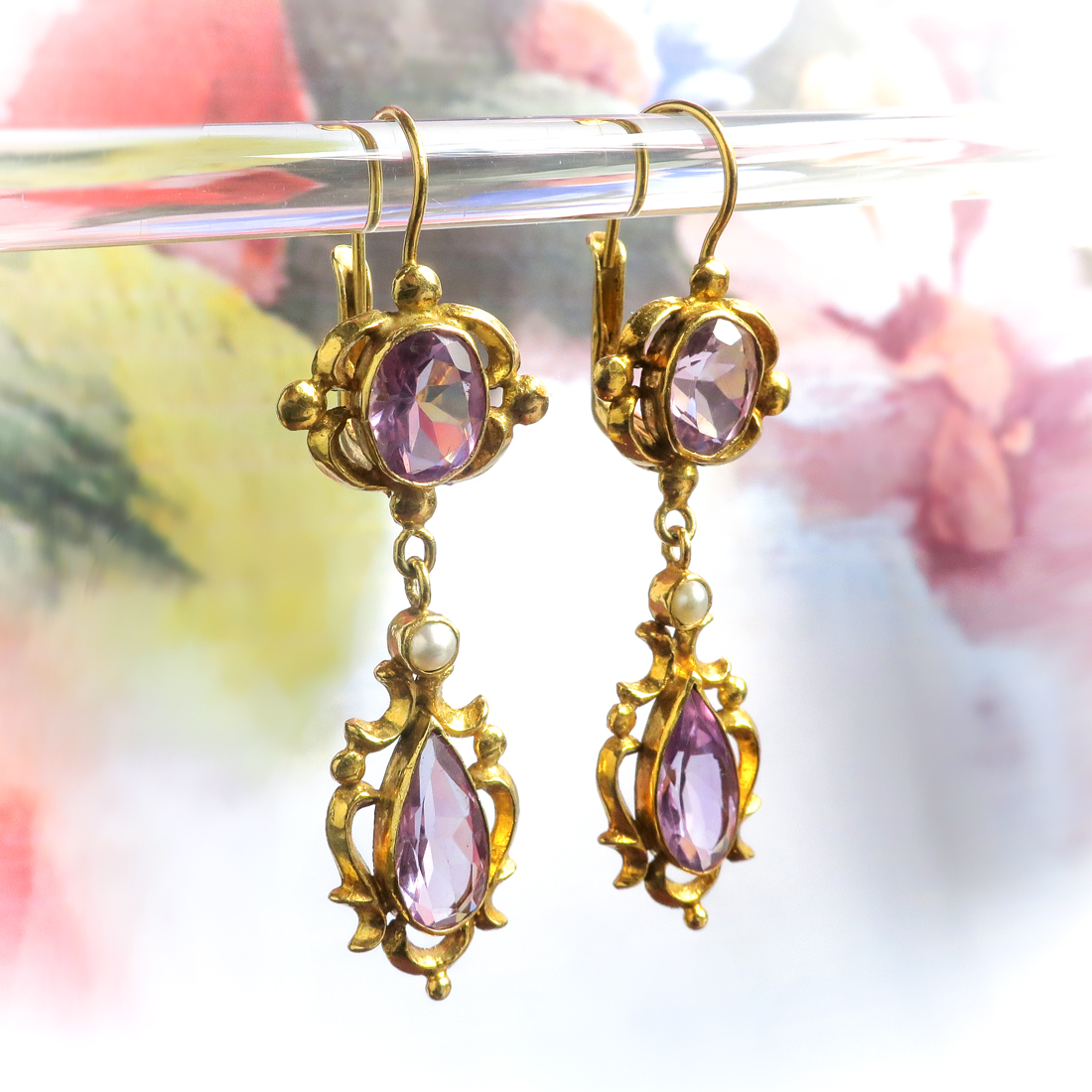 Elements Gold 9k White Gold Amethyst And Peacock Pearl Drop Earrings  GE2291M - First Class Watches™ USA