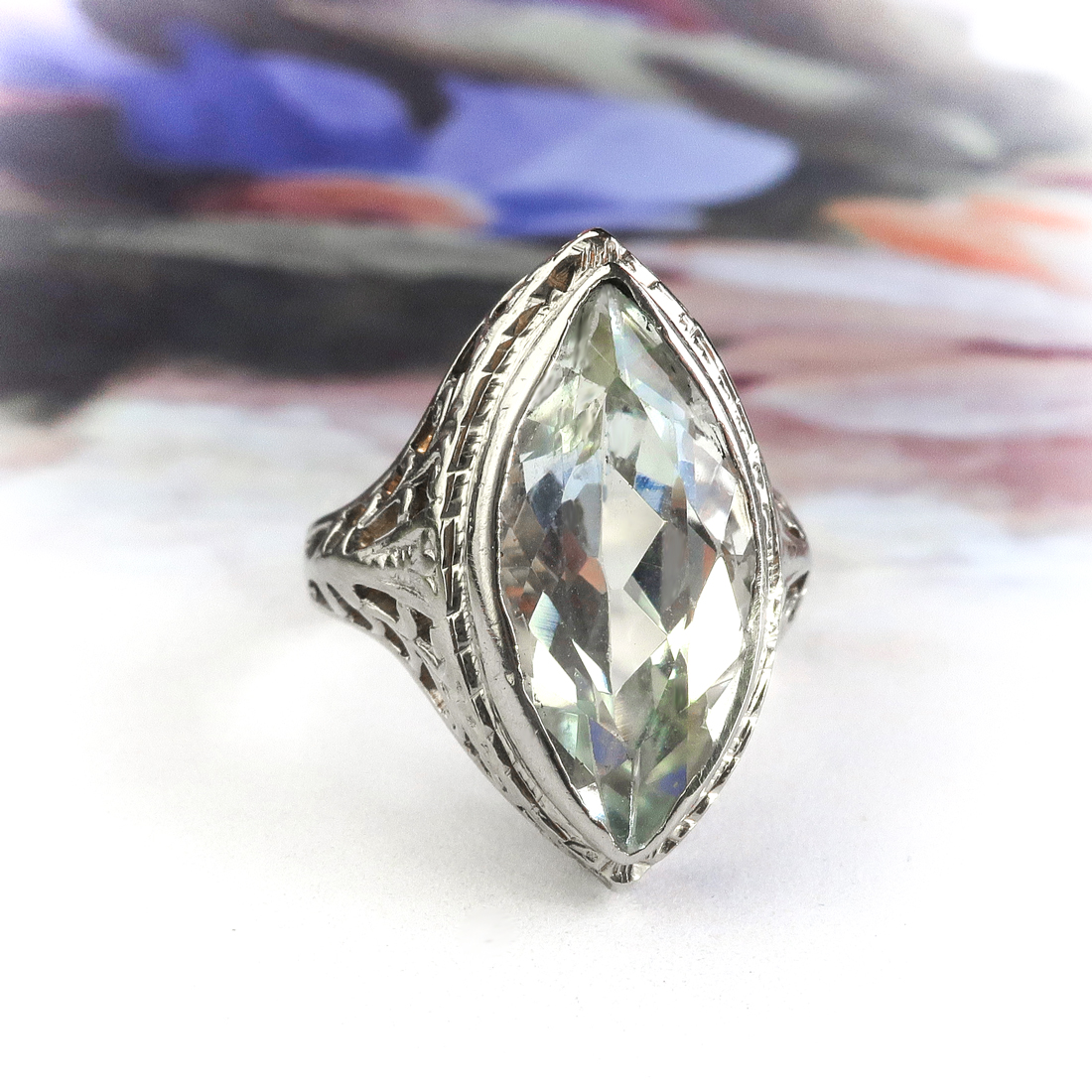 Art Deco Aquamarine Ring & Antique Cocktail Diamond Ring In 14K White Gold