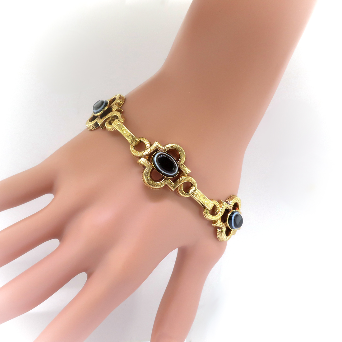 Antique Agate Gold Bracelet Victorian 1890's Engraved Black White ...