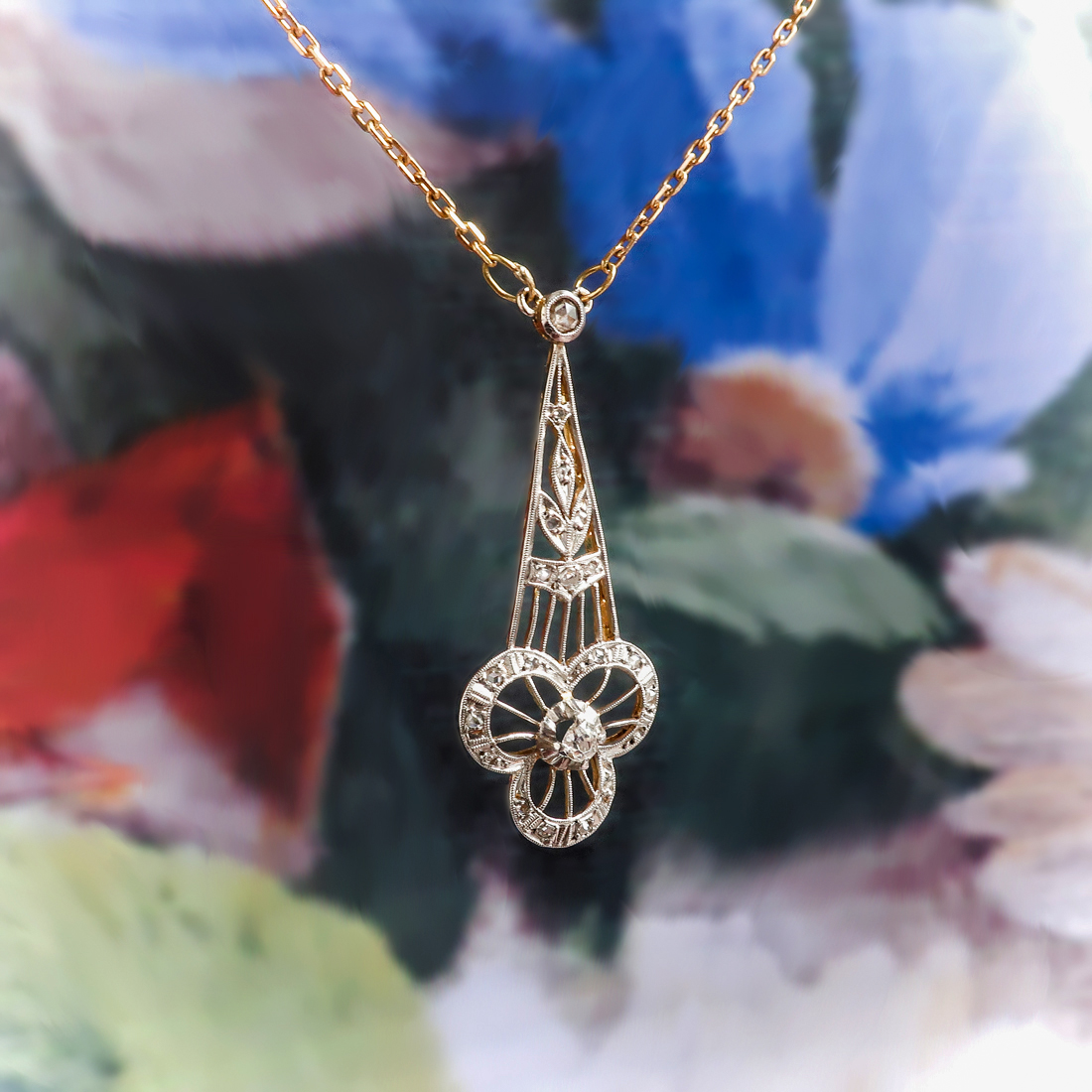 Pendentif Ancien Or 14k Blanc - Diamant Old Mine Cut & Rose Cut - Époque Art Déco/Édouardienne