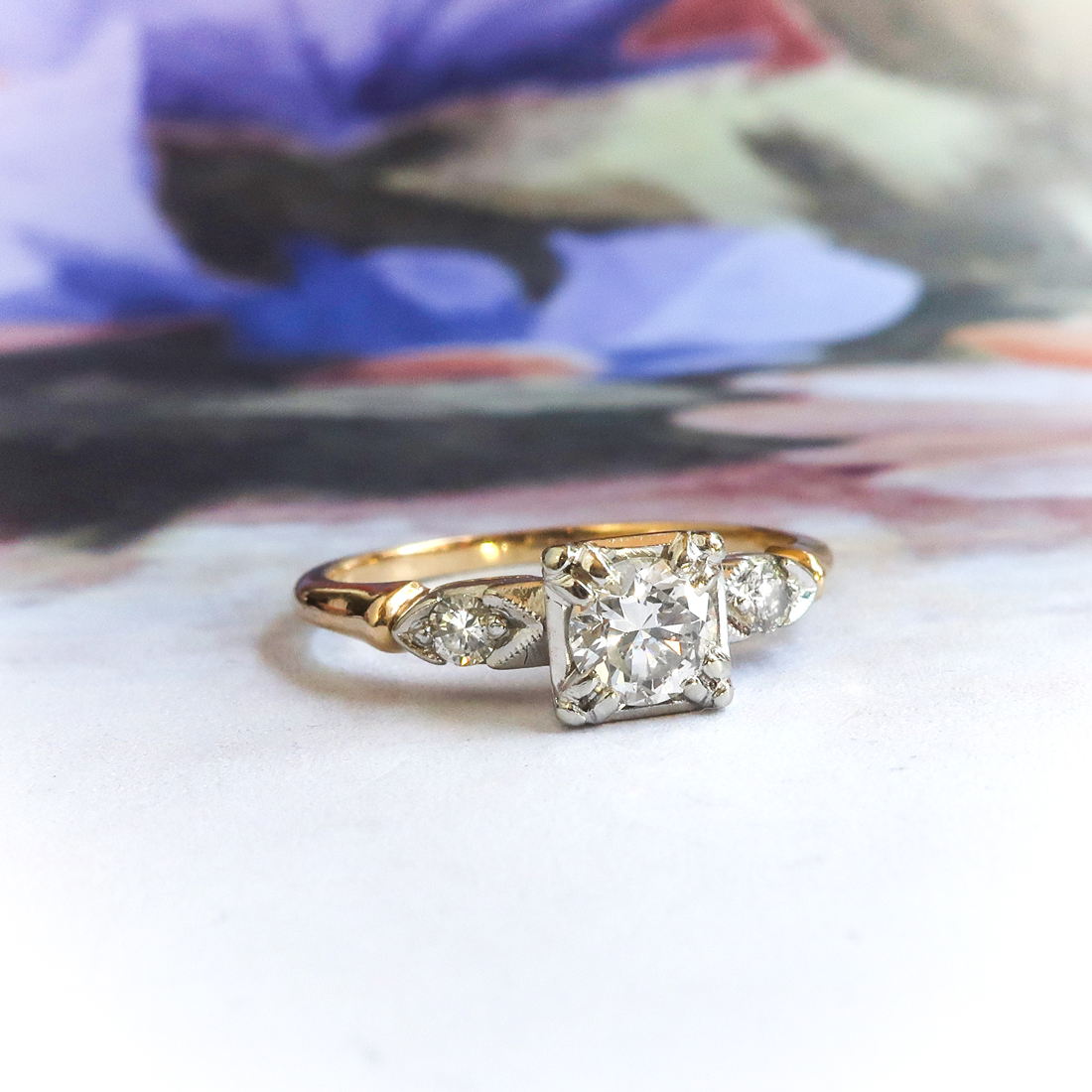 Art Deco Orange Blossom Diamond Engagement Ring Yellow and White Gold 14K, Antique Vintage Estate Jewelry