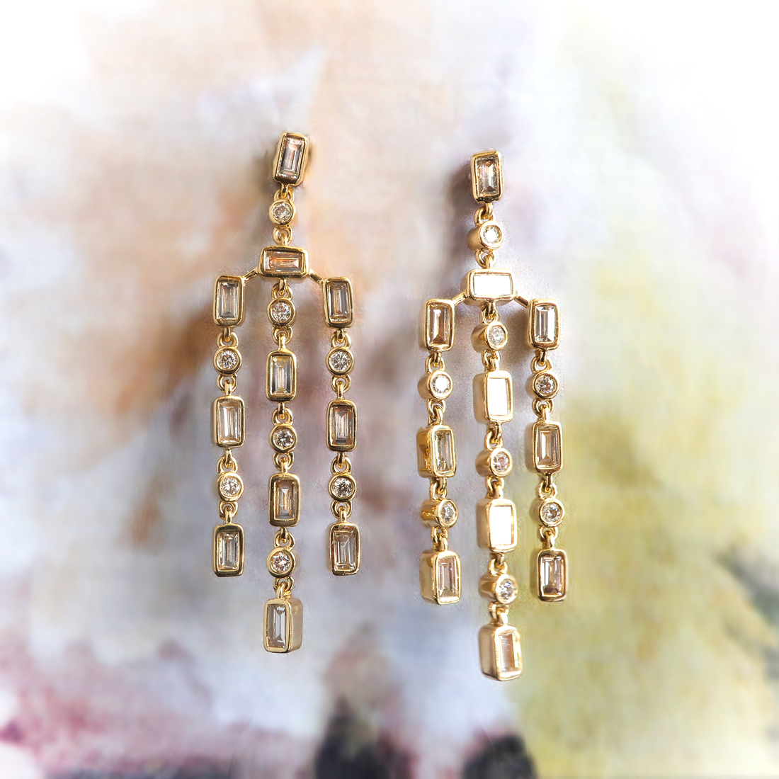 Estate Diamond Chandelier Earrings 1990's 1.10ct t.w. 1' Inch Long Bezel Set Baguette Round Drop